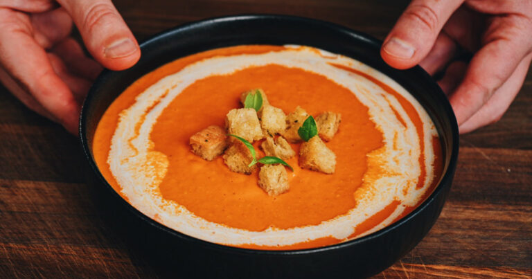 Creamy Tomato Basil Soup with Croutons