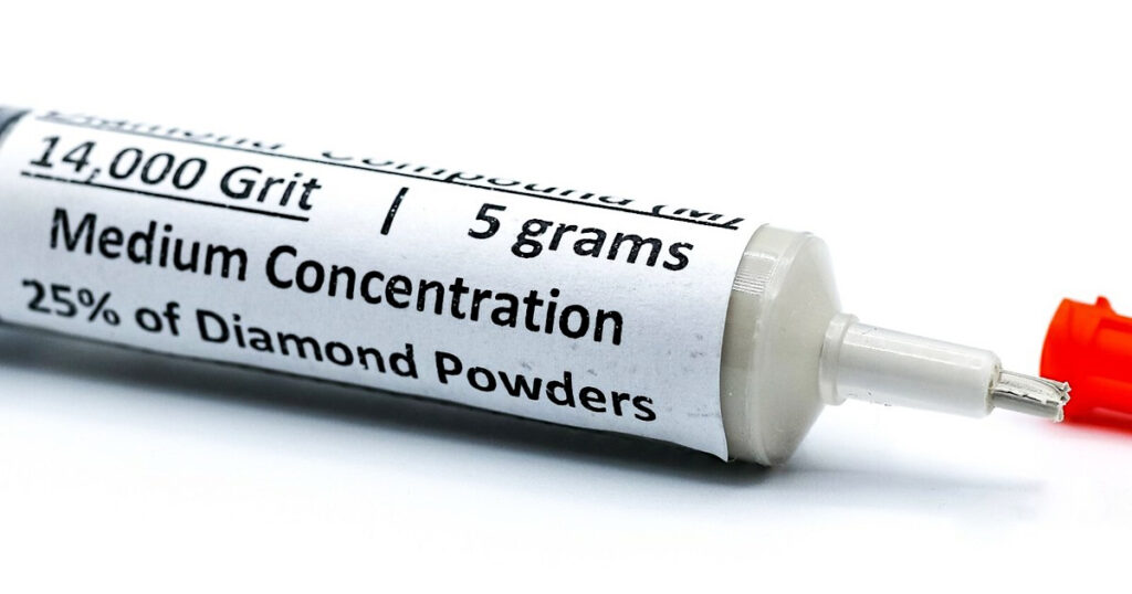 Close-up of 14,000 grit diamond compound for mirror-edge knife sharpening
